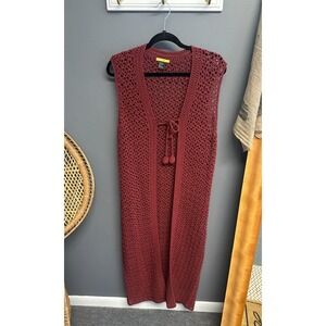 Vintage Sleeveless Crochet Long Duster Sz M Cardigan Sweater Rust Red Knit Y2K